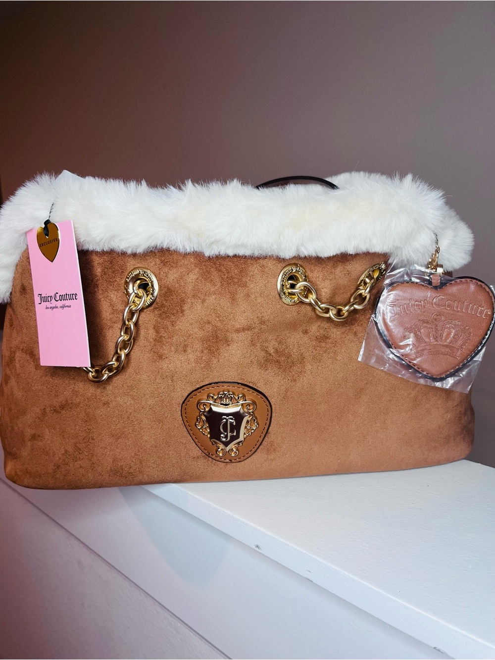 Juicy Couture Brown Suede Tote with White Faux Fur Trim